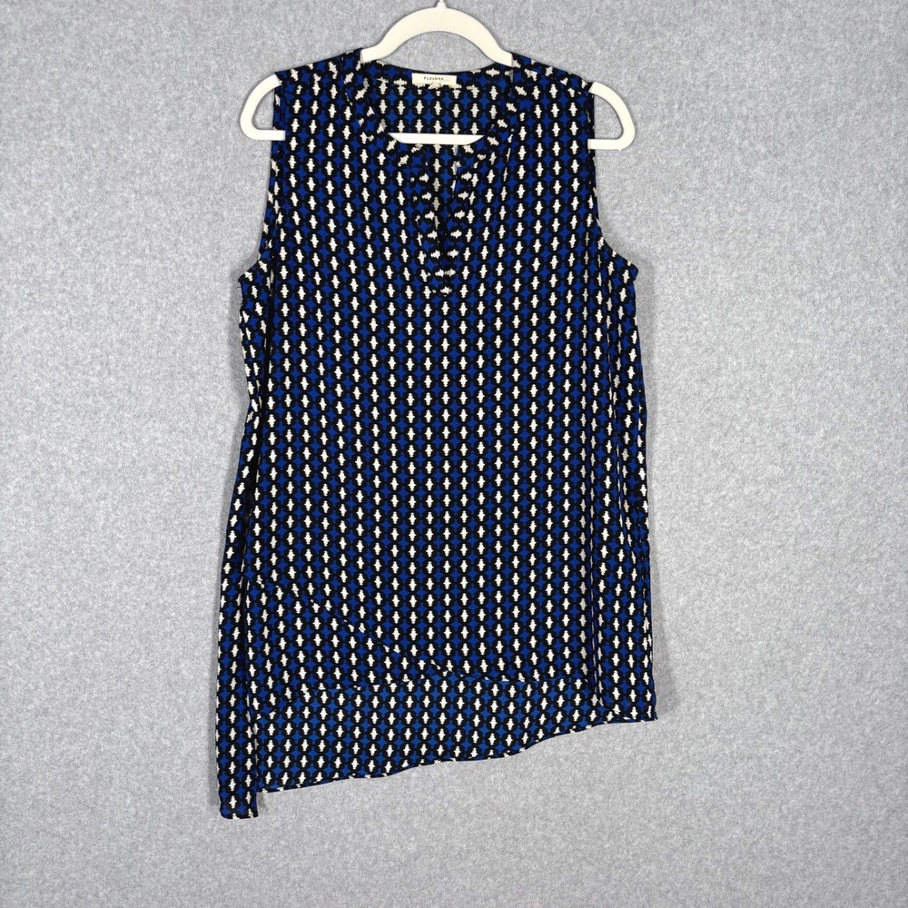 Pleione Asymmetric Tunic Blouse Medium Blue Black Layered Flowy Abstract‎ Artsy